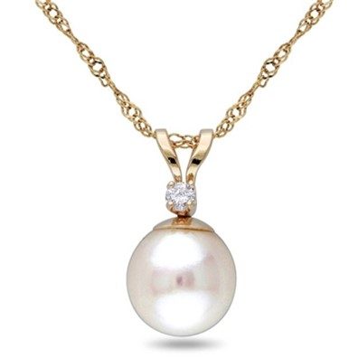 DELMAR JEWELRY 7-7.5mm Freshwater Pearl, Diamond Pendant,14K Yellow Gold